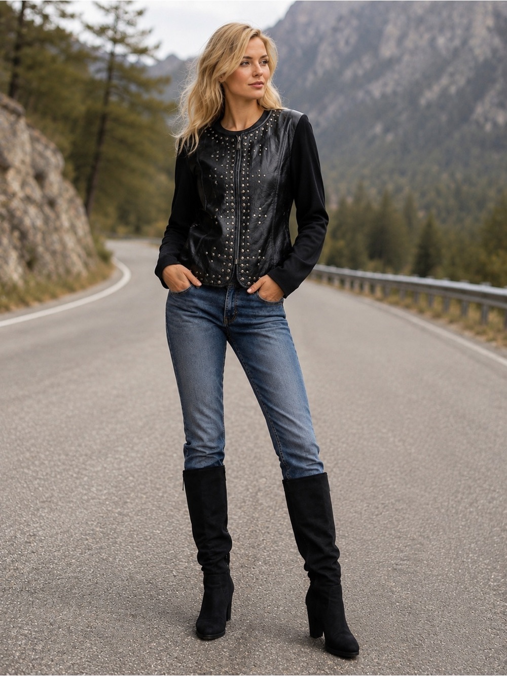 Peter Nygard Black Studded Leather and Knit Zip Jacket - Picture 3 of 8